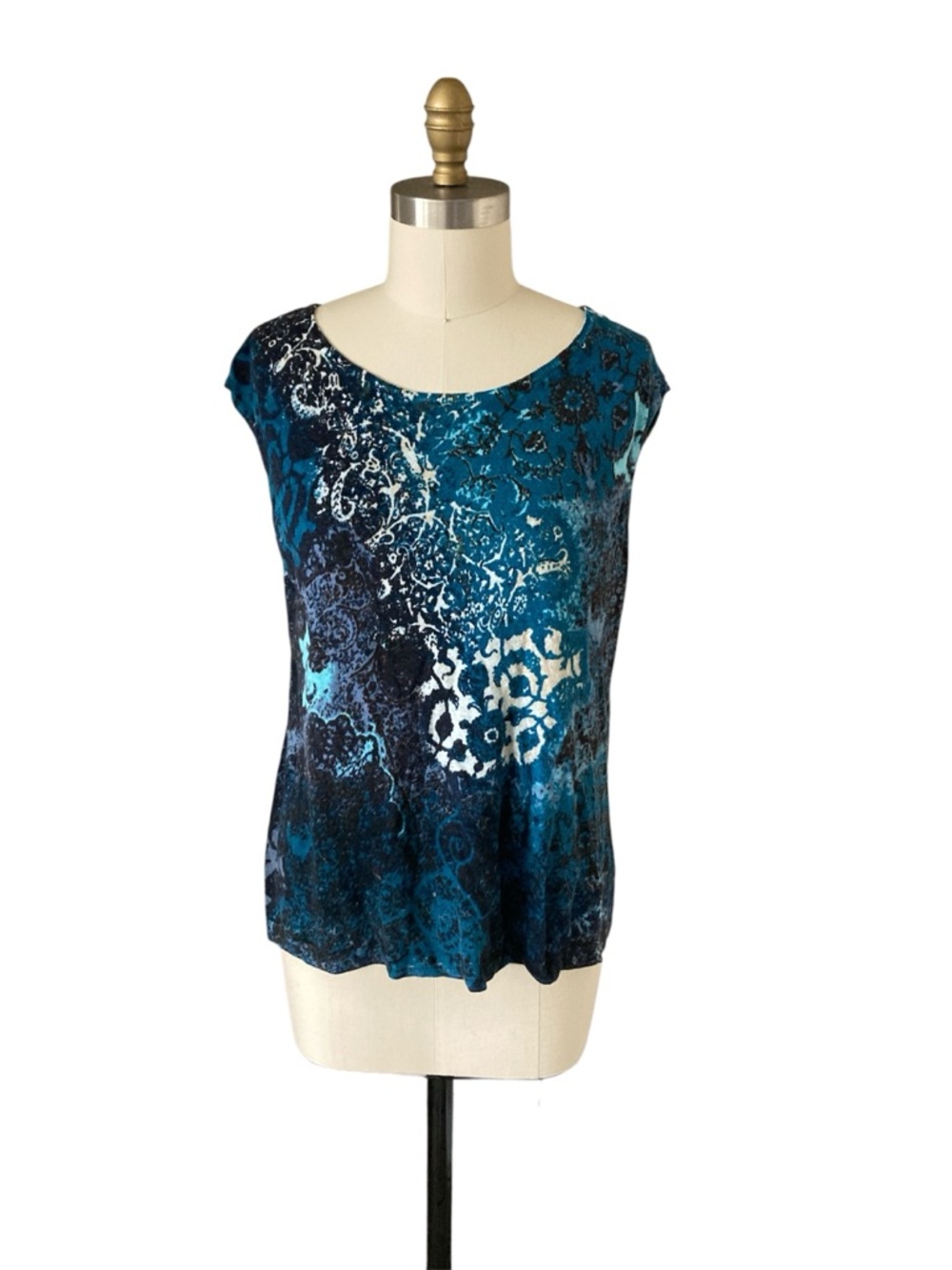 Blue floral abstract Patterned linen blend tank